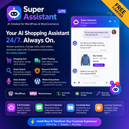 Free Super Assistant – AI Chatbot for Online Stores | Sells, Supports & Answers 24/7