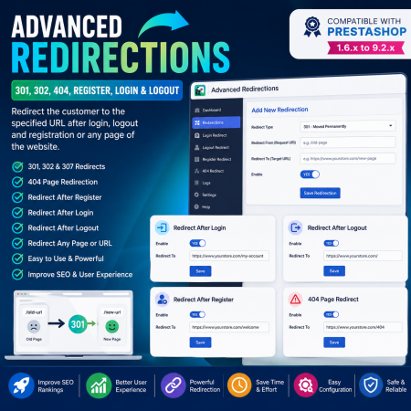 Advanced Redirections - 301, 302, 404, Register, login & logout Prestashop Module