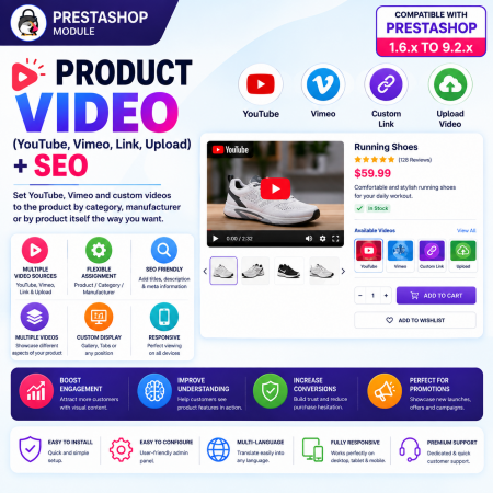 Product Video (Youtube, Vimeo, Link, Upload) + SEO | Prestashop Module